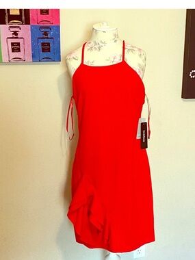 bebe Red Spaghetti Strap Dress with Ruffle Hem